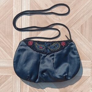 Vintage black satin beaded floral design clutch crossbody evening purse